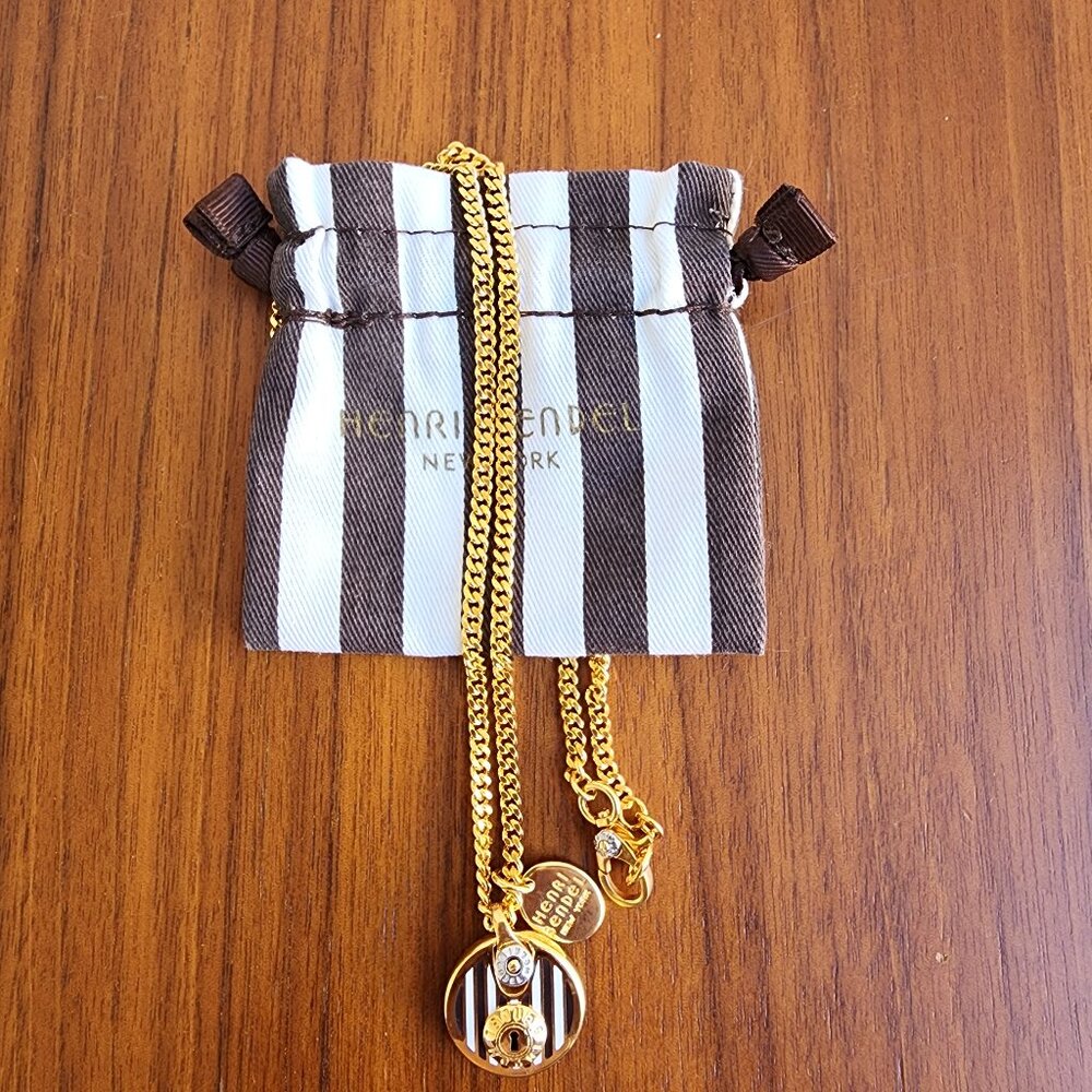 Henri Bendel Brown & White Stripe Flagship Double-Sided Gold Tone Necklace